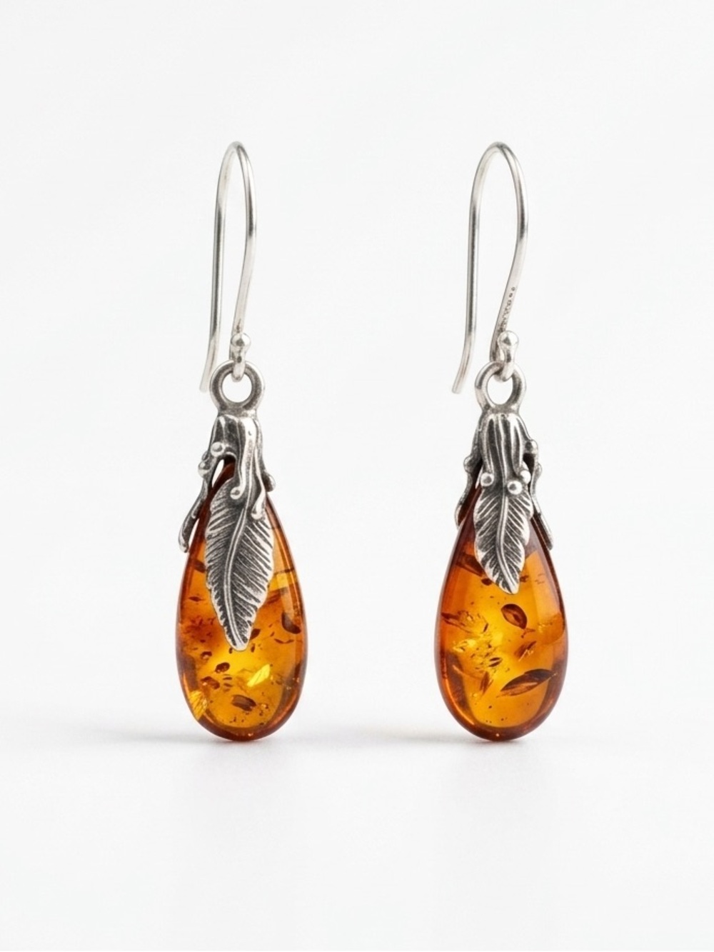 Vintage Amber Drop Earrings Sterling Silver Art Nouveau Style Ornate Feminine